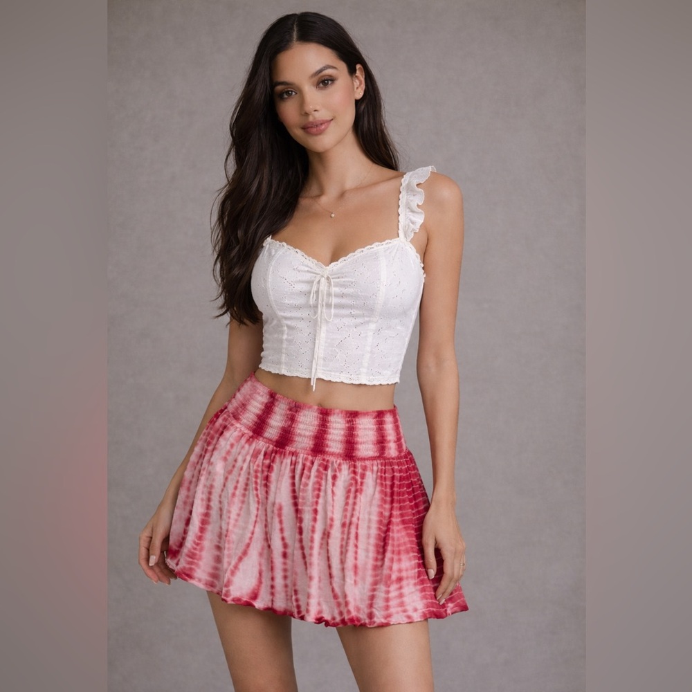 Raga Red & White Tie-Dye Smocked Waist Mini Skirt